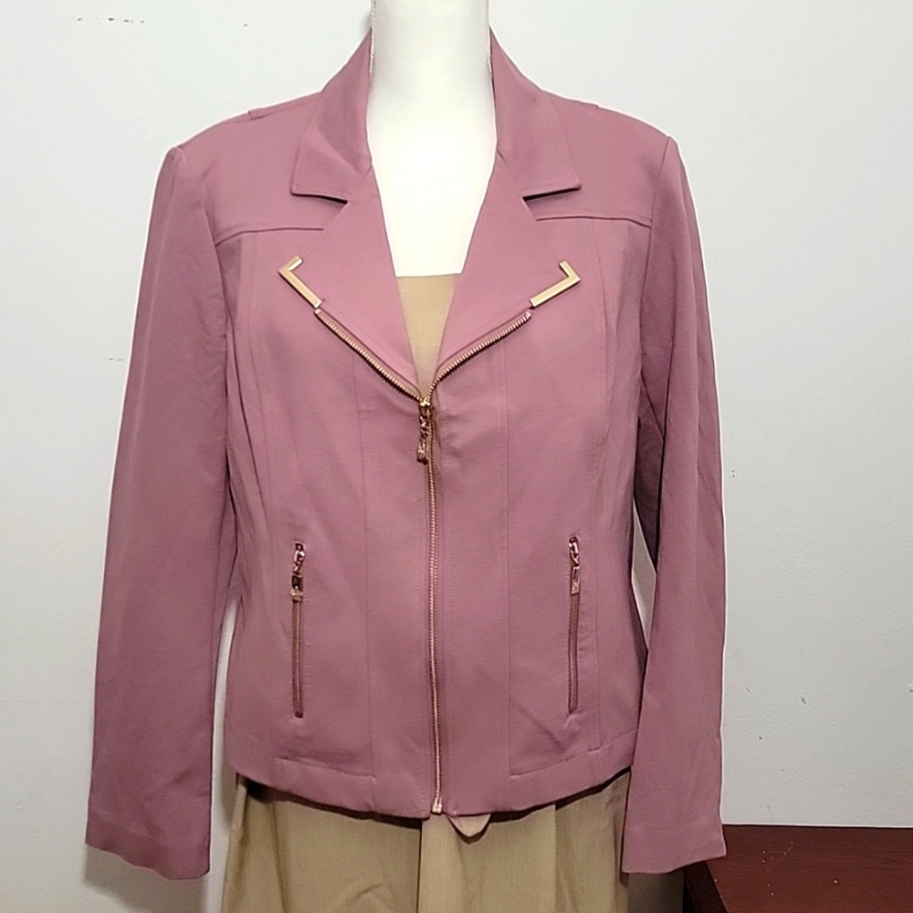 Anne Klein Womens Pink/Mauve Gold Zipper Lightweight Jacket/Blazer Size Large
